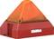 Ein rotes pyramidenförmiges Warnlicht mit einem orangen Lichtaufsatz, verwendet für Sicherheits- oder Warnsysteme, mit Herstelleretikett.