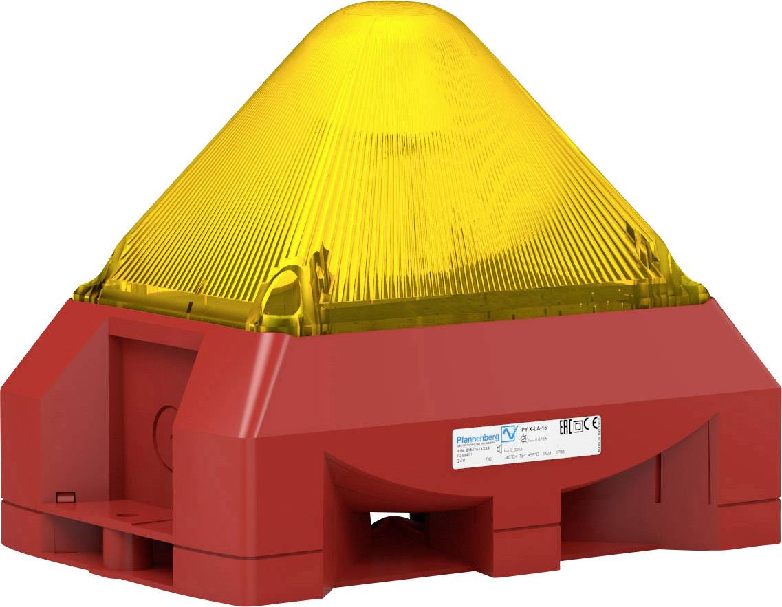 Ein rotes, pyramidales Warnlicht mit gelbem Lichtaufsatz. Es wird in industriellen Umgebungen zur Sicherheitswarnung eingesetzt.