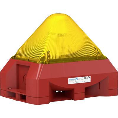 Ein rotes, pyramidales Warnlicht mit gelbem Lichtaufsatz. Es wird in industriellen Umgebungen zur Sicherheitswarnung eingesetzt.