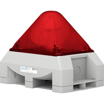 Rotes Warnlicht in pyramidenförmigem Gehäuse auf grauem Sockel, geeignet für Alarmsysteme in Gebäuden.
