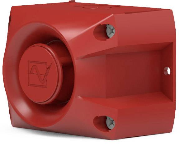 Rote mechanische Vorrichtung mit rundem, erhabenem Logo auf der Vorderseite und zwei sichtbaren Schrauben zur Befestigung.