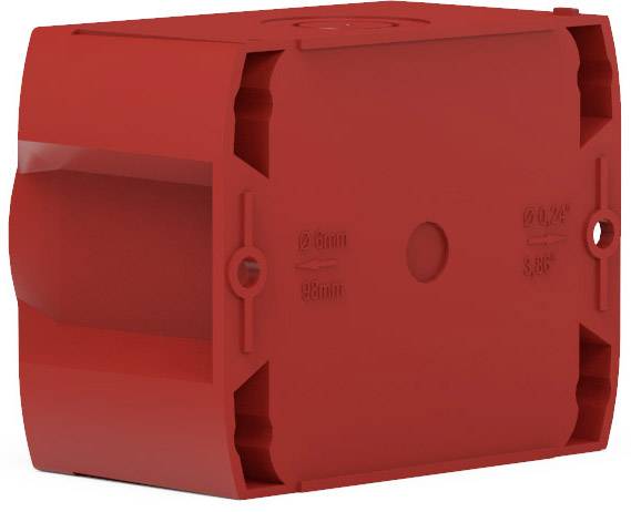 Rote Unterputzdose aus Kunststoff mit runder Öffnung und Befestigungslöchern, dient zur Installation von Elektrogeräten in Wänden.