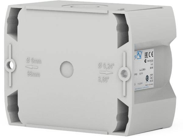 Gehäuse für elektrische Installationen, grau, mit abgerundeten Ecken und Montageschlitzen an den Seiten, Etikett rechts.