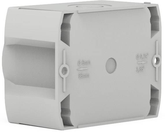 Graue, rechteckige Kunststoffdose mit abgerundeten Kanten, zentralem Loch und Beschriftungen 'Ø 60mm' und 'Ø 24° 3,86°'.