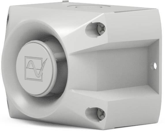 Ein kleiner, grauer, rechteckiger Ventilator mit einem grafischen Logo auf der Vorderseite. Vier Schrauben für die Befestigung sichtbar.