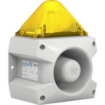 Gelbes Rundumlicht mit integriertem Signalhorn, in einem grauen Gehäuse montiert. Eignet sich zur Warnung in industriellen Umgebungen.