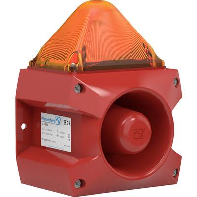 Roter Alarmgeber mit orangefarbenem Leuchtsignal und Sirene zur Sicherheit oder Notfallwarnung.