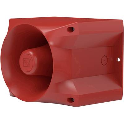 Rotes elektronisches Signalhorn für Alarmsysteme, mit lautem Schallausgang und Montagemöglichkeiten an der Wand.