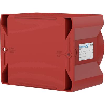 Rote Kunststoffverbindungsdose mit aufgeklebtem Etikett mit elektrischen Spezifikationen und CE-Kennzeichnung.