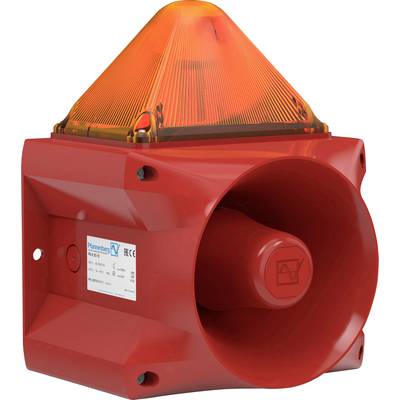 Ein roter Alarmlautsprecher mit einer leuchtenden orangenen Signalleuchte oben, zur Warnung und Notfallbenachrichtigung.