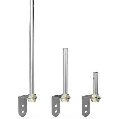 Drei unterschiedlich lange Metallstangen mit Halterungen und gelben Ringen, die auf einer weißen Fläche stehen.
