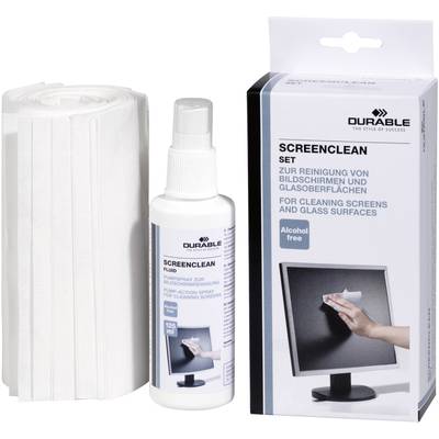 'ScreenClean Set' zur Reinigung von Bildschirmen und Glasoberflächen. Enthält Reinigungstücher und Spray. Alkohol-frei.