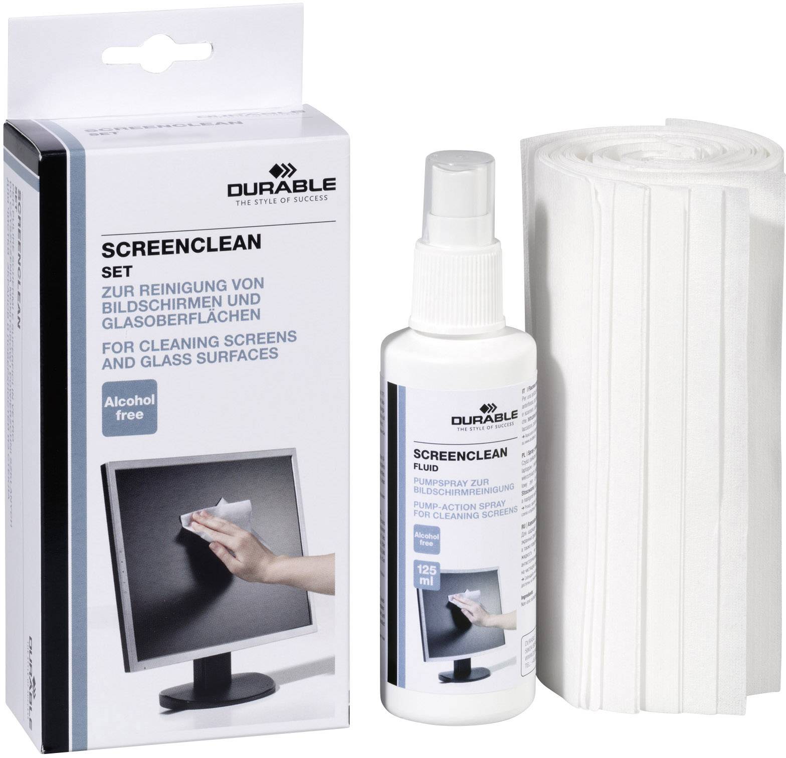 'Reinigungsset für Screens von Durable. Enthält eine 125 ml Flasche Reinigungsflüssigkeit und Reinigungstücher für Bildschirme und Glasoberflächen.'