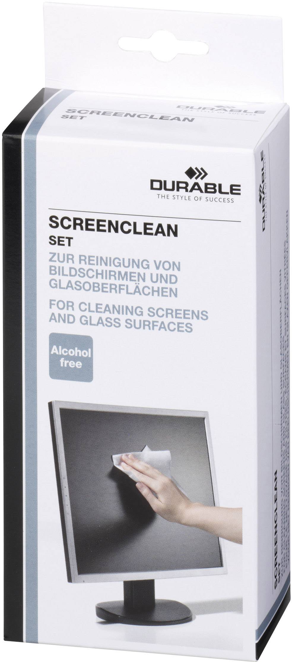 Reinigungsset-Verpackung mit der Aufschrift 'ScreenClean Set zur Reinigung von Bildschirmen und Glasoberflächen, alkoholfrei'.