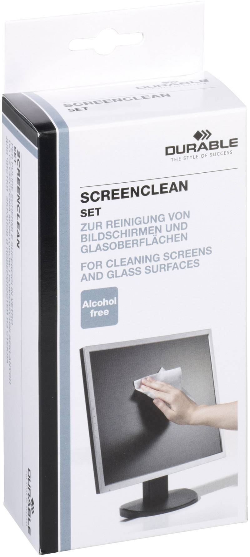 Verpackung eines 'Durable Screenclean Sets' zur Reinigung von Bildschirmen und Glasoberflächen, alkoholfrei, mit Abbildung eines Monitors.