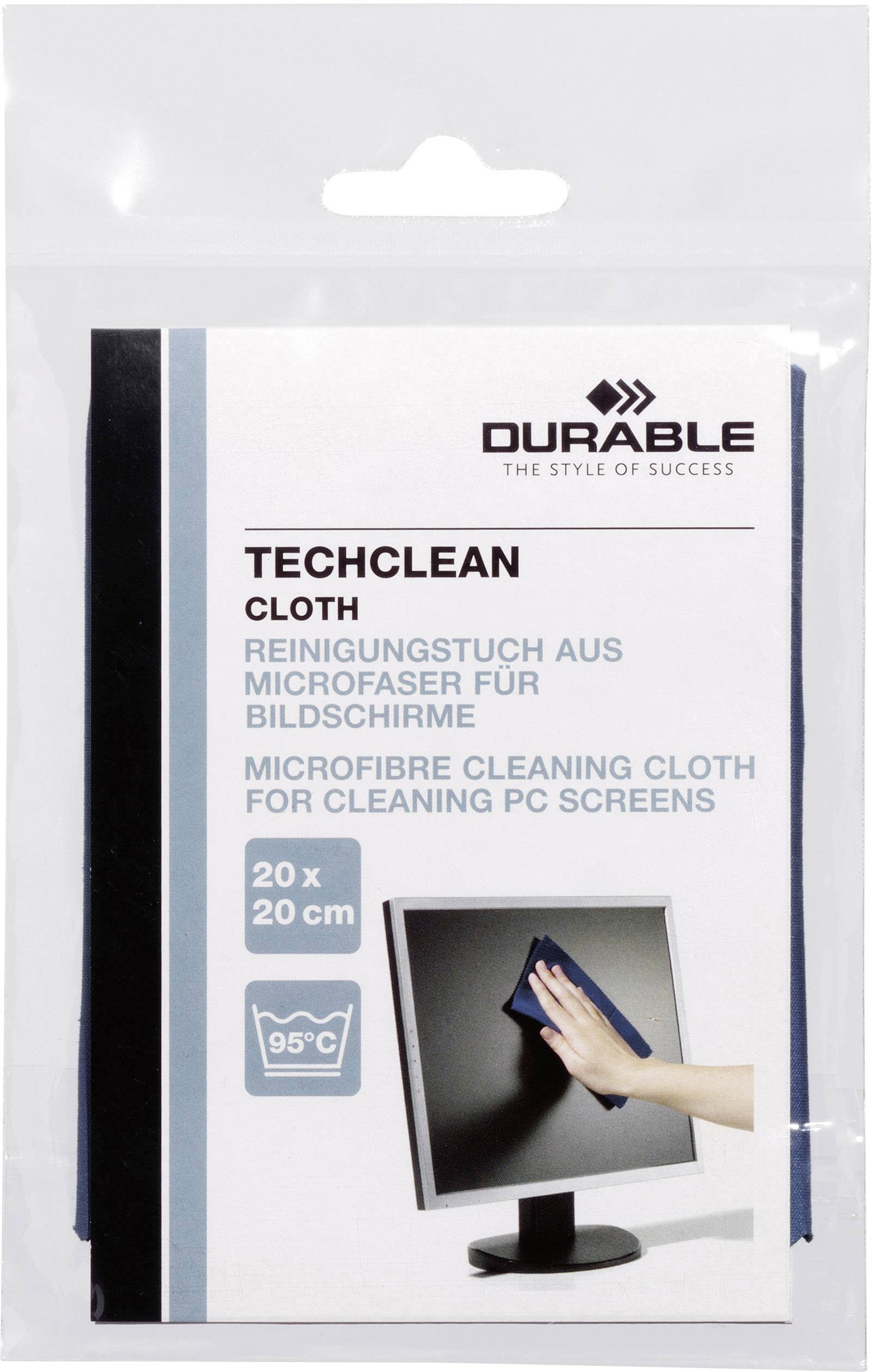 Verpacktes Mikrofasertuch zur Reinigung von Bildschirmen, 20 x 20 cm, waschbar bei 95°C. Produktname: 'Techclean Cloth'.