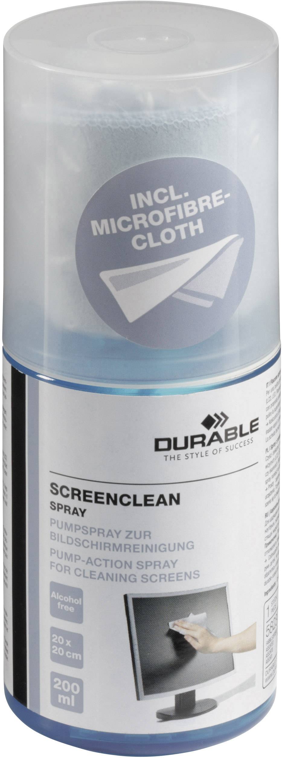 Reinigungsspray für Bildschirme, 200 ml Flasche mit Mikrofasertuch. Verpackungsdesign zeigt Computerbildschirm und Reinigungstuch.