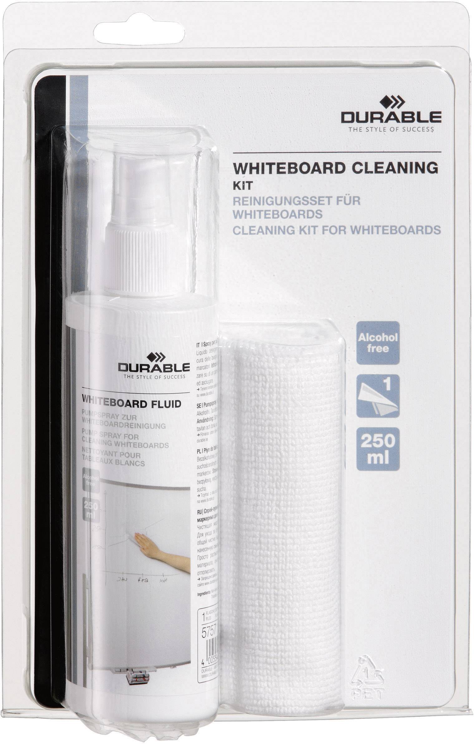Reinigungsset für Whiteboards von Durable, bestehend aus Reinigungsspray und Tuch, verpackt in Blisterpackung.