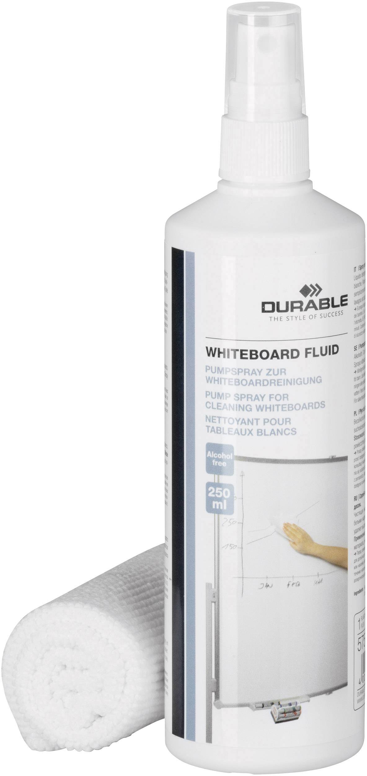 'WHITEBOARD FLUID' Reinigungsspray in weißer Sprühflasche, 250 ml, mit weißem Tuch. Geeignet zur Reinigung von Whiteboards.