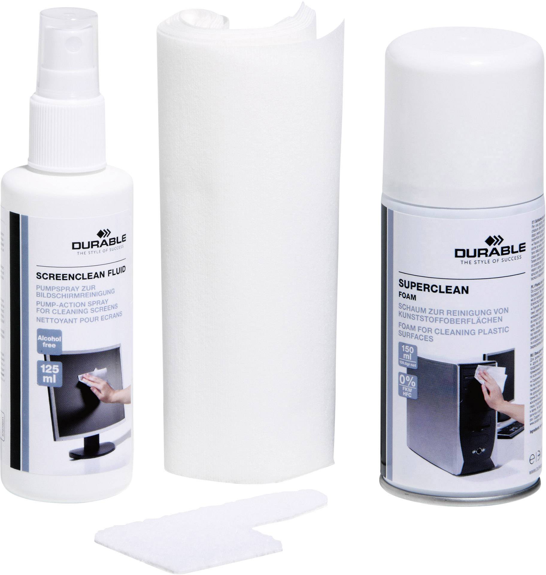 'Reinigungsset mit Sprühflasche, Schaumflasche, Tuch und Reinigungspad, geeignet zur schonenden Reinigung elektronischer Geräte.'