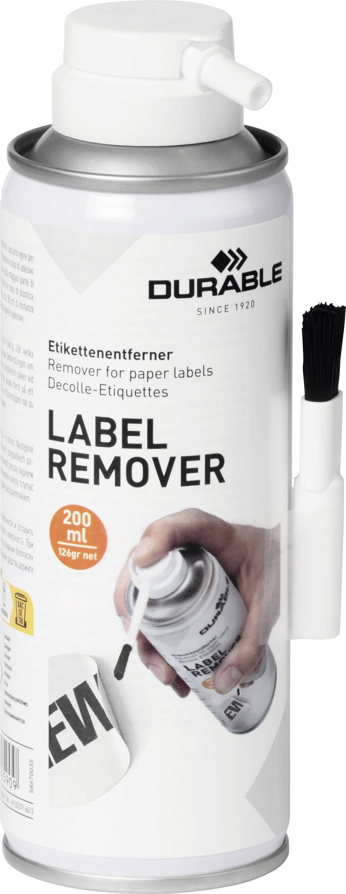 Sprühdose mit der Aufschrift 'Label Remover', 200 ml. Enthält eine Bürste für die Etikettenentfernung. Marke: Durable.
