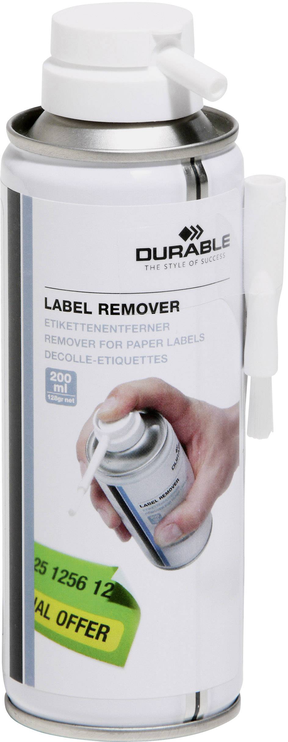 Dose mit Etikettenentferner von 'Durable', abgebildet mit Sprühkopf und beiliegendem Kunststoffspatel, geeignet für Papieretiketten.