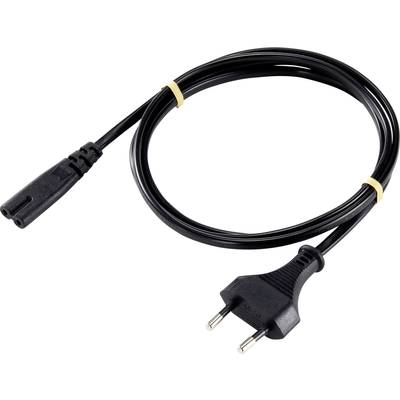 Schwarzes Stromkabel mit zweipoligem Stecker und Buchse, geeignet für Elektrogeräte.