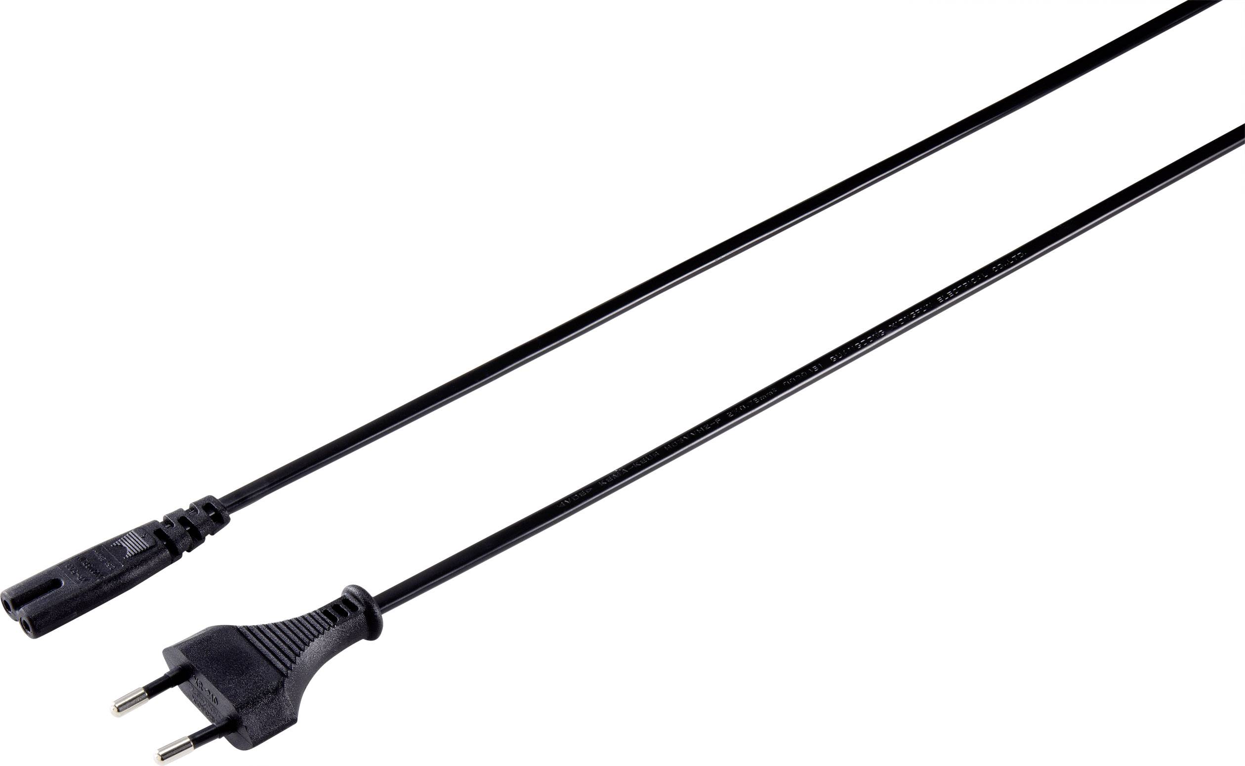 Ein schwarzes Netzkabel mit einem zweipoligen Eurostecker und einem rechteckigen Anschluss am anderen Ende, 1,5 Meter lang.