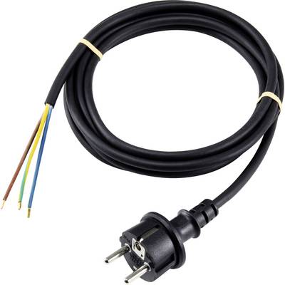 Ein schwarzes Stromkabel mit offenliegenden blauen, gelben und braunen Drahtenden und einem europäischen Stecker.