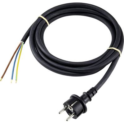 Schwarzes Stromkabel mit europäischem Stecker und offenen Enden für Verkabelung, aufgerollt mit zwei Gummibändern.