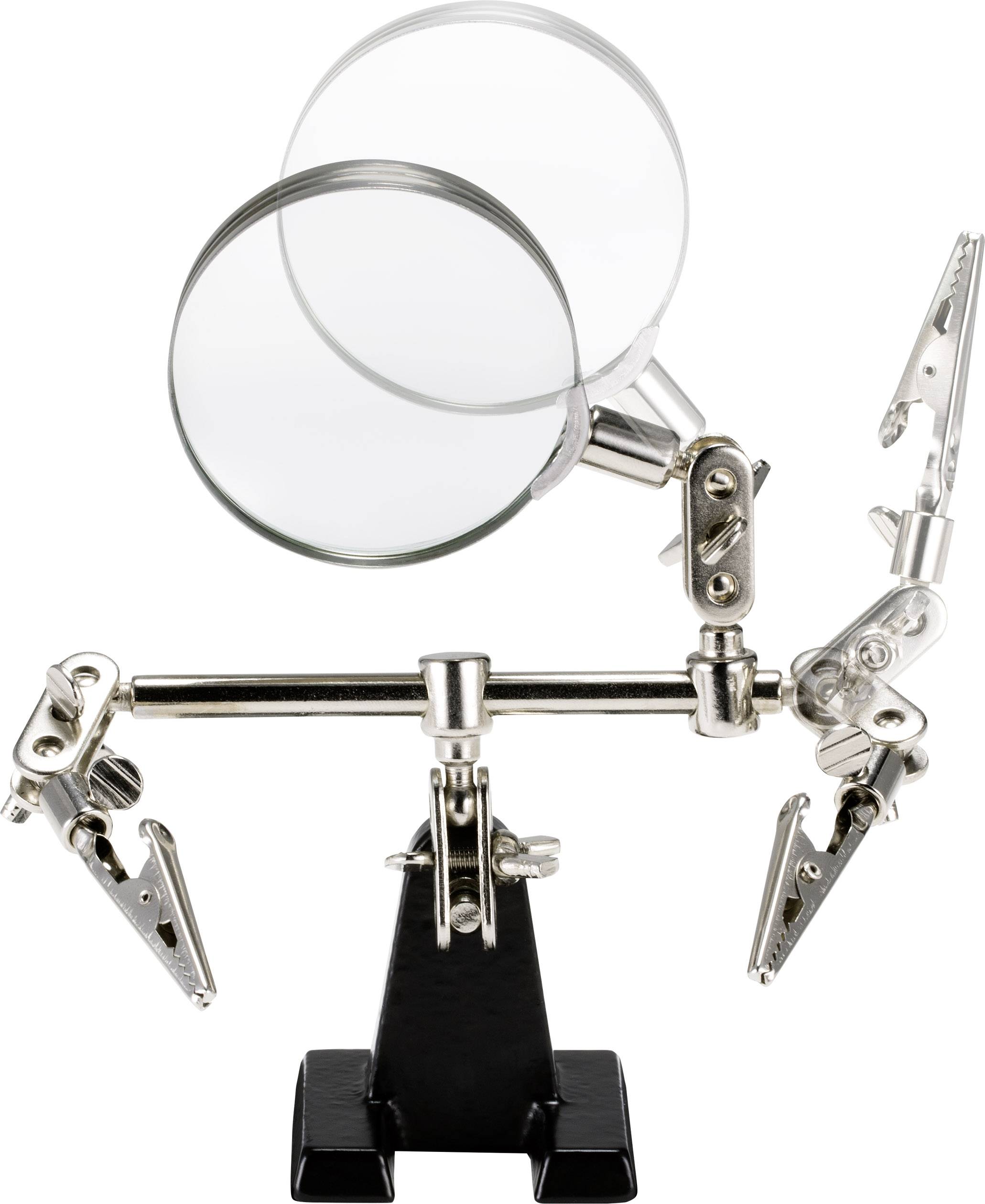 Verstellbare dritte Hand mit zwei Lupen und Klemmen, zur Unterstützung bei Feinarbeiten oder zum Halten von Objekten stabil.