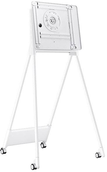 Ein weißer, höhenverstellbarer Ständer mit Rollen, geeignet für das Befestigen von Flachbildschirmen oder Monitoren.