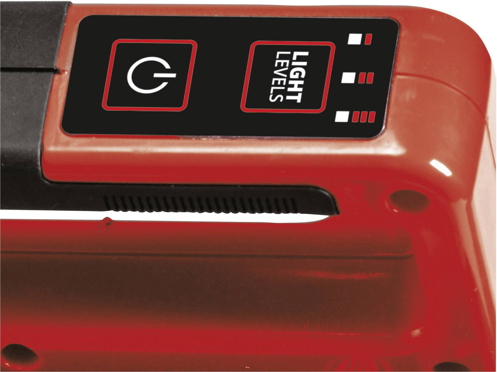 Rotes Gerät mit schwarzer Anzeige, auf der ein Ein-/Ausschalter-Symbol und 'Light Levels' mit drei weißen Balken zu sehen sind.
