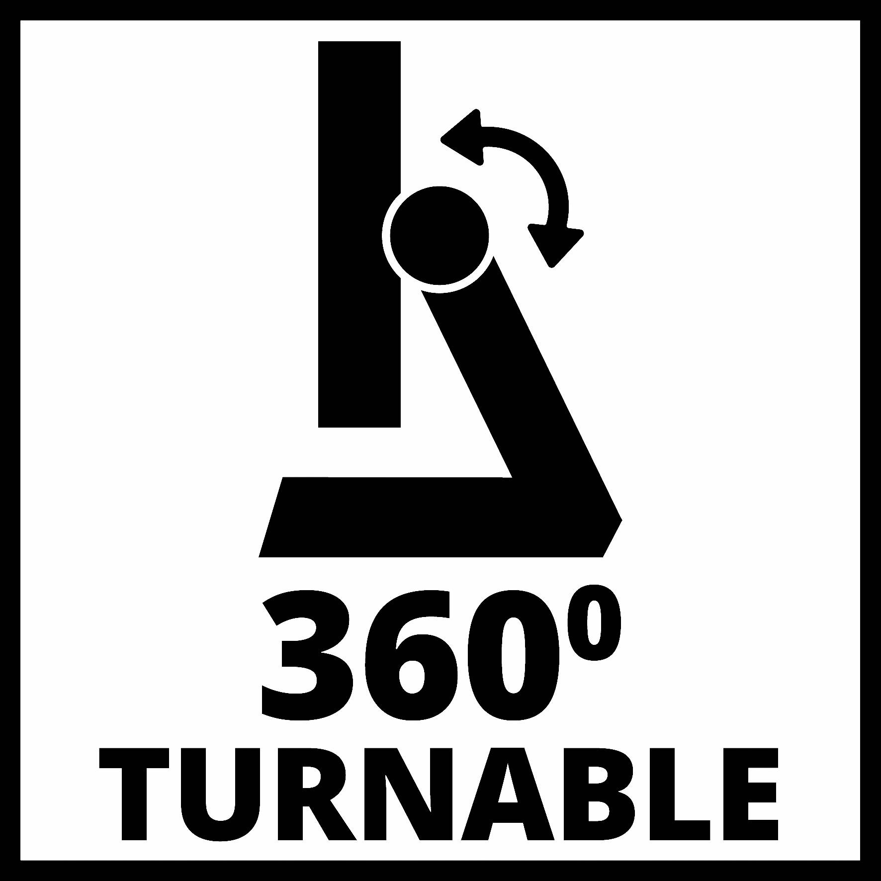 '360° drehbar' schwarzes Symbol zeigt einen schwenkbaren Arm an, mit einem Pfeil, der eine Drehbewegung andeutet.