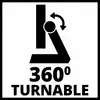 '360° drehbar' schwarzes Symbol zeigt einen schwenkbaren Arm an, mit einem Pfeil, der eine Drehbewegung andeutet.