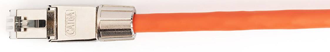 Ein orangefarbenes Netzwerkkabel mit einem silbernen Stecker, das für die Verbindung elektronischer Geräte verwendet wird.