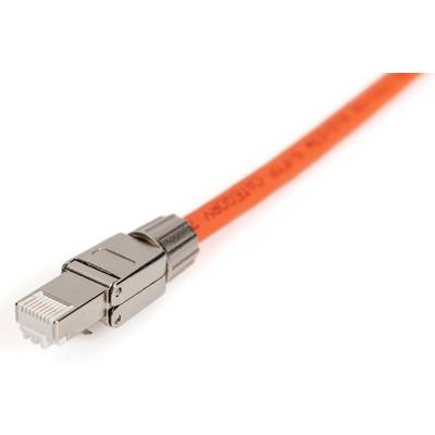 Ein rotes Netzwerkkabel mit einem silbernen Stecker liegt auf einem weißen Hintergrund, bereit zur Datenübertragung.