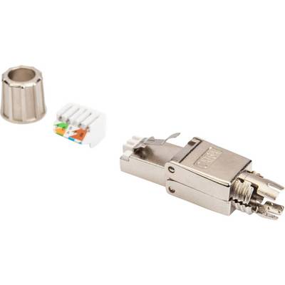 Ein RJ45-Steckverbinder mit Kabelabdeckung und farblich gekennzeichneten Anschlussklemmen für Netzwerkkabel.