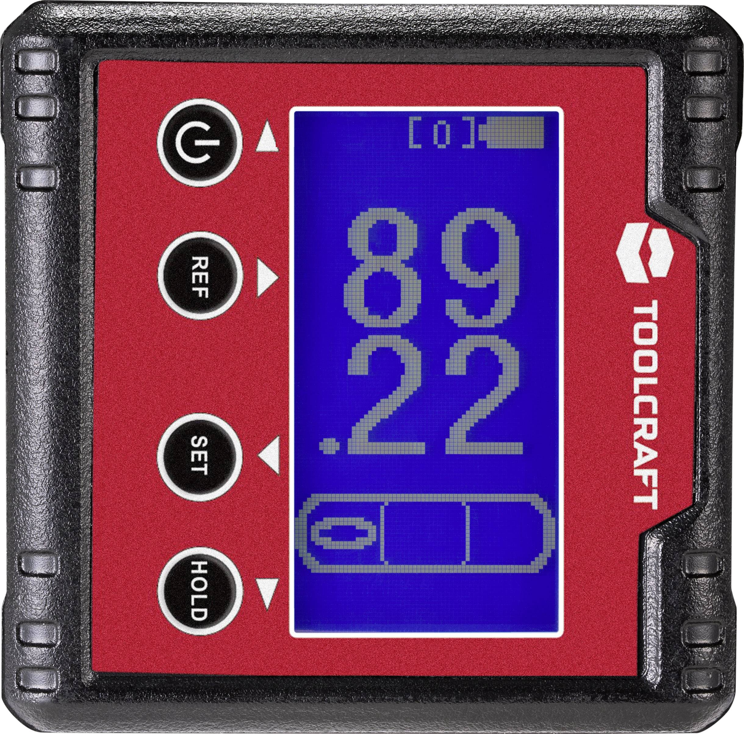 Digitales Winkelmessgerät mit rotem Gehäuse, blauem Display, zeigt '89.22' Grad an. Tasten für Ein/Aus, Referenz, Set und Hold.