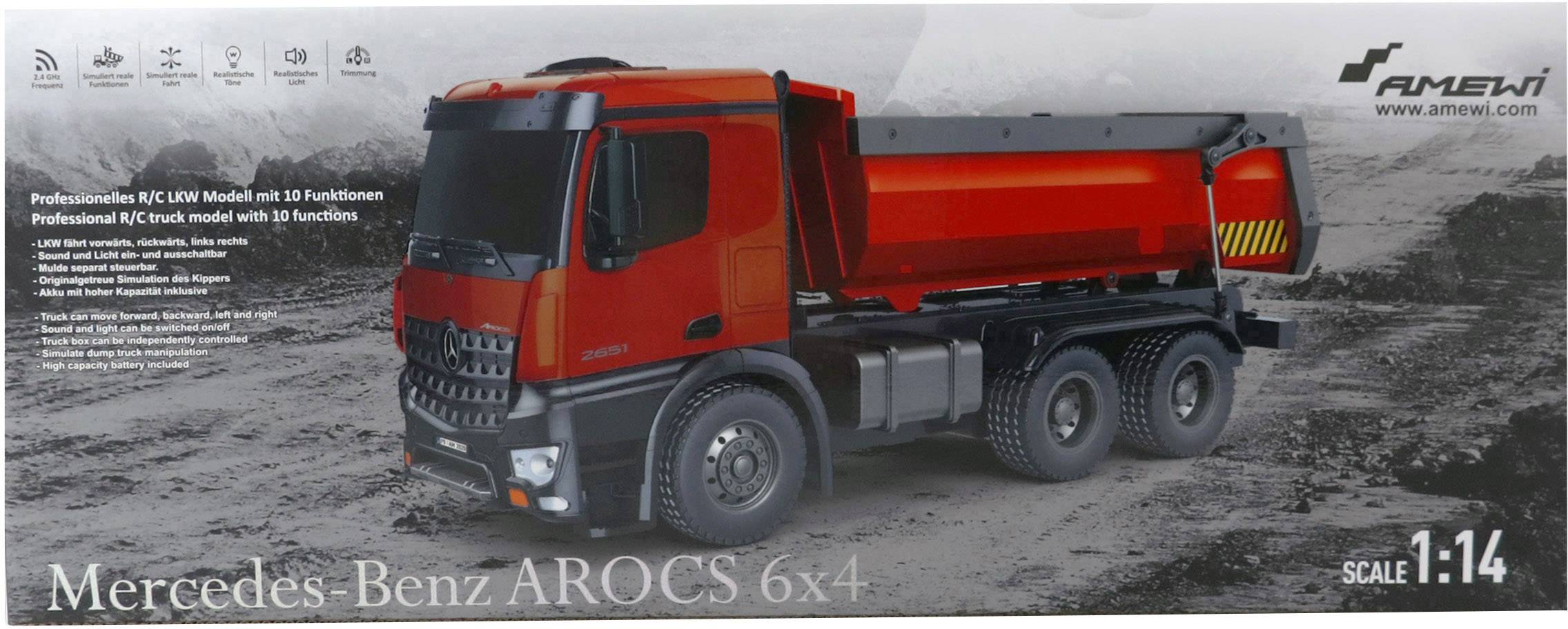 'Roter Mercedes Benz AROCS 6x4 Spielzeugmodell im Maßstab 1:14. Professionelles RC LKW Modell mit 10 Funktionen.'