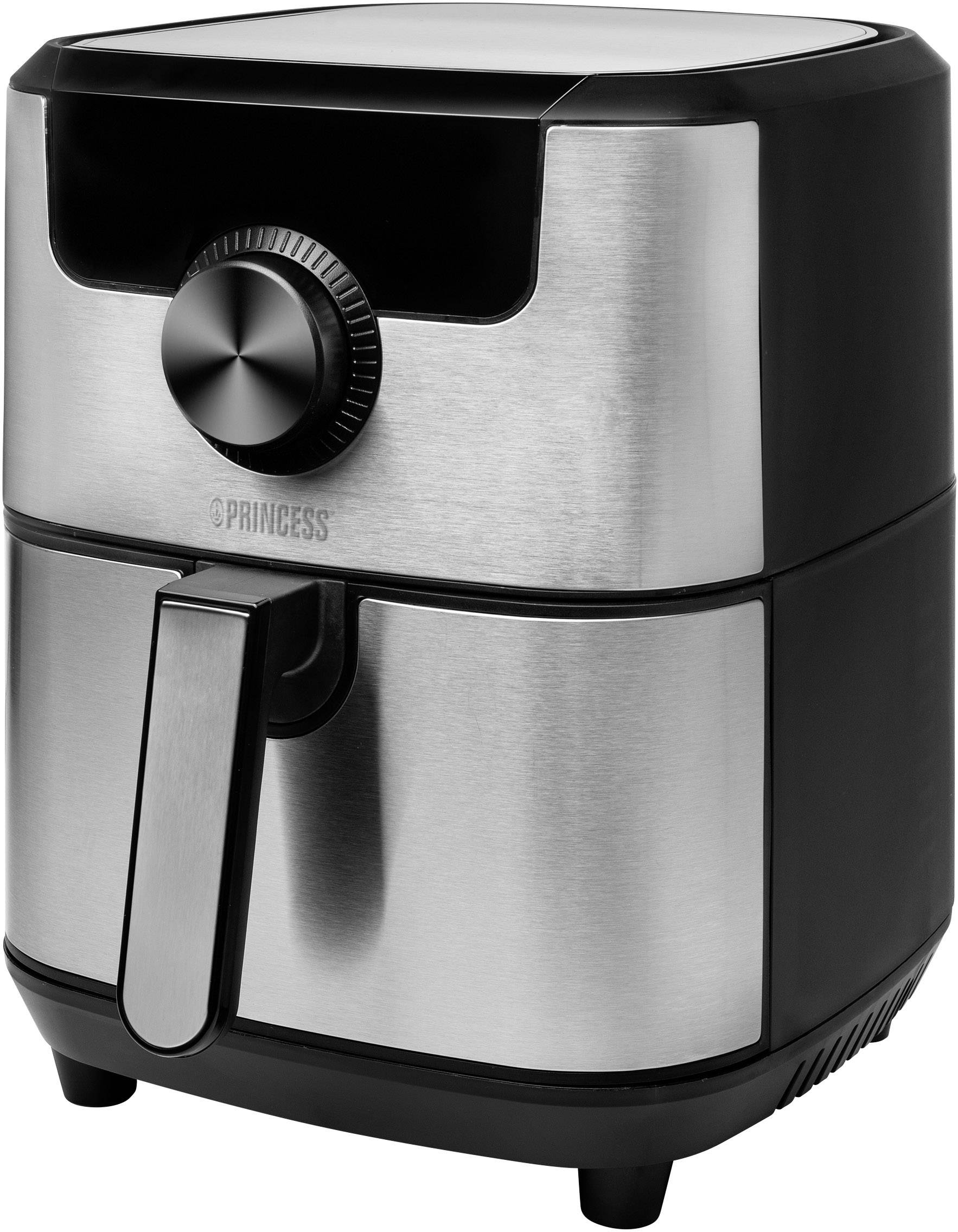 Eine silberne und schwarze Heißluftfritteuse mit einem großen Drehknopf und einer geräumigen Frontschublade.