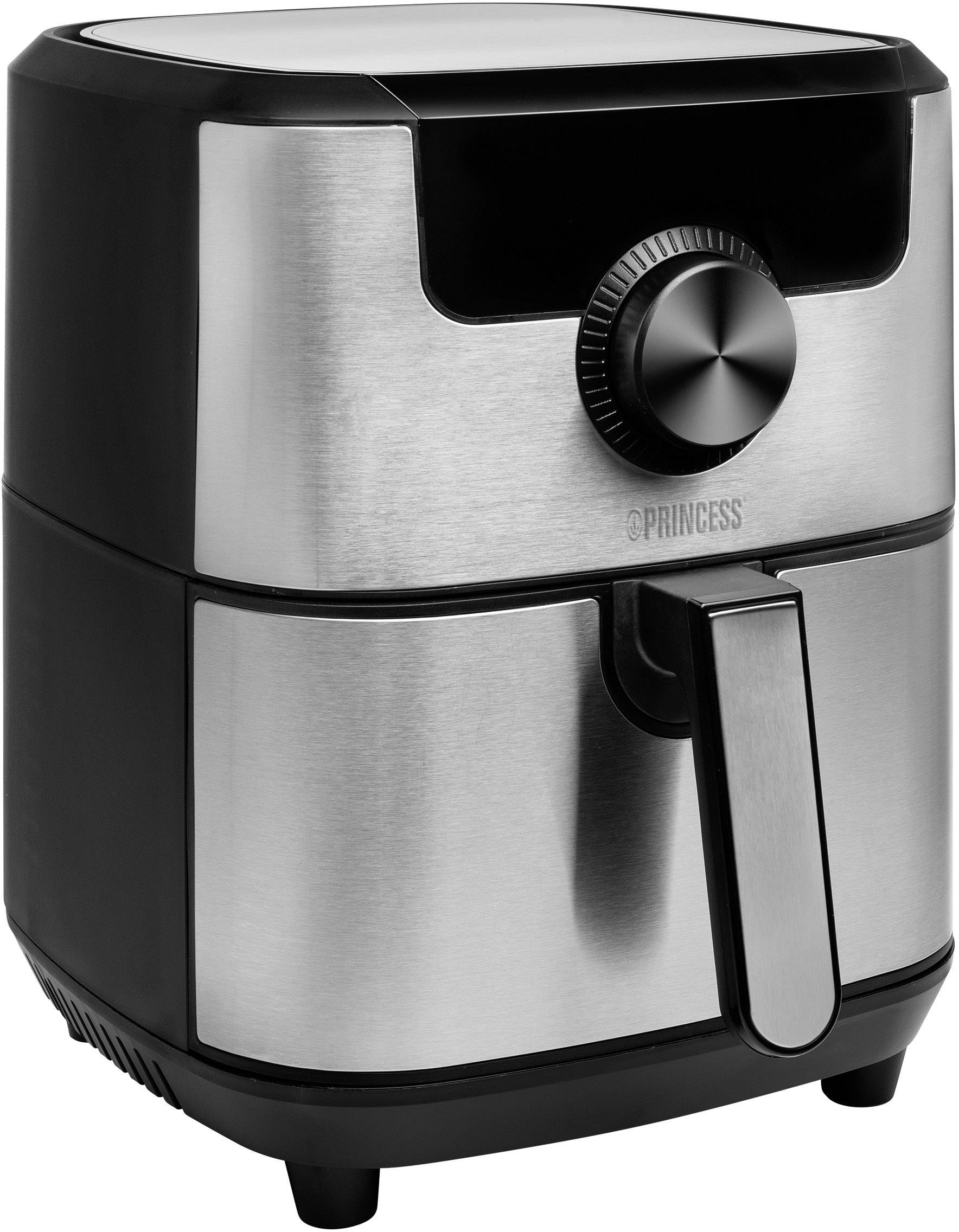 Silberne und schwarze Heißluftfritteuse mit Drehregler und Griff an der Vorderseite.