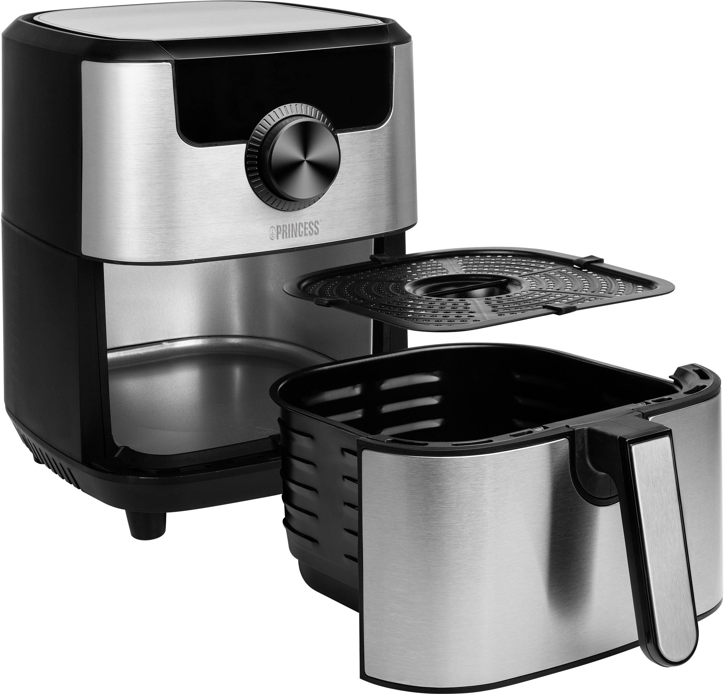 Eine silberne und schwarze Heißluftfritteuse mit herausgezogenem Frittierkorb. Die Anzeige und die Bedienelemente sind sichtbar.