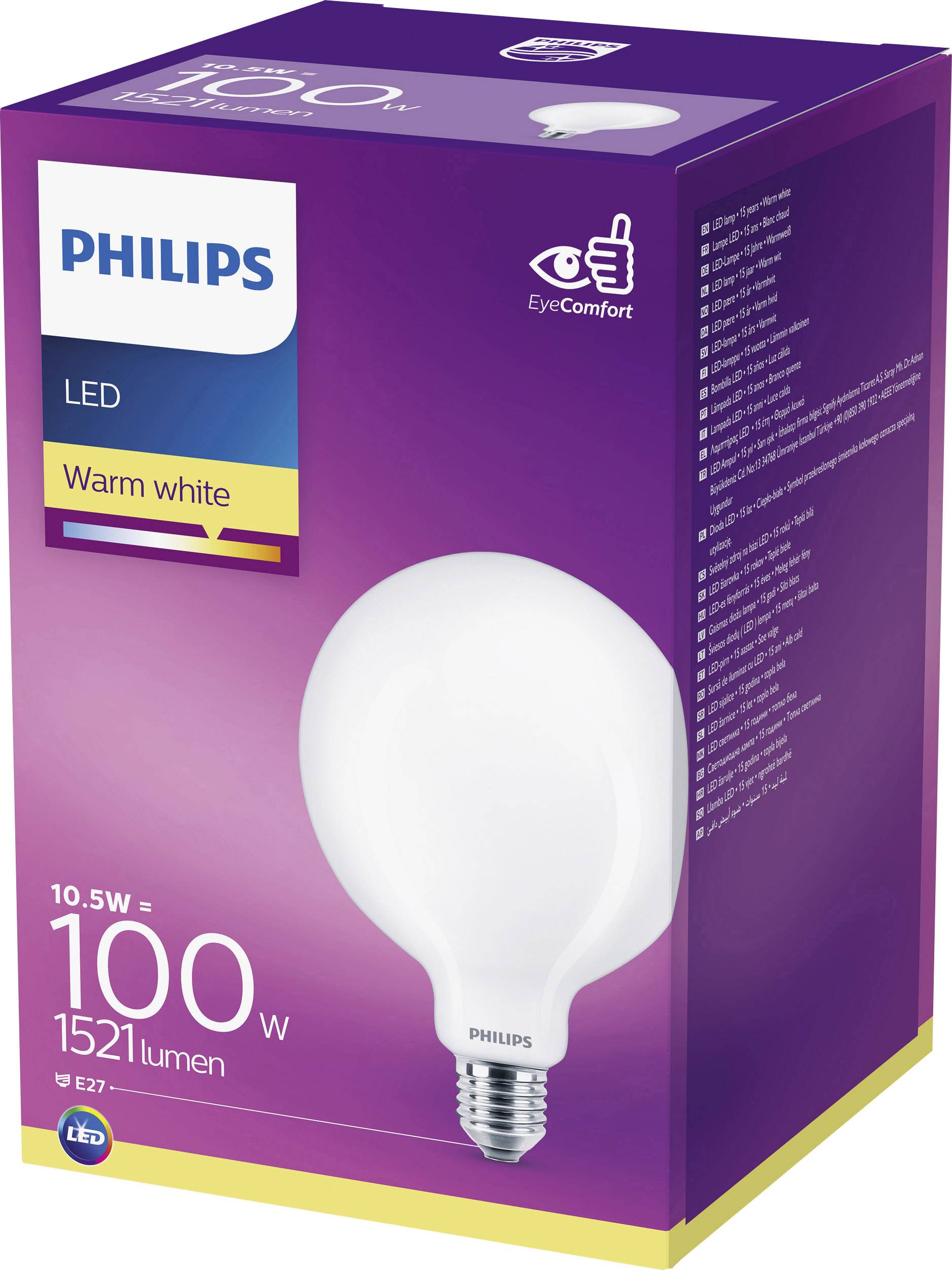 Eine Verpackung für eine Philips LED-Glühbirne, warmweiß, 10,5W entspricht 100W, 1521 Lumen, mit Hinweis auf 'EyeComfort'.