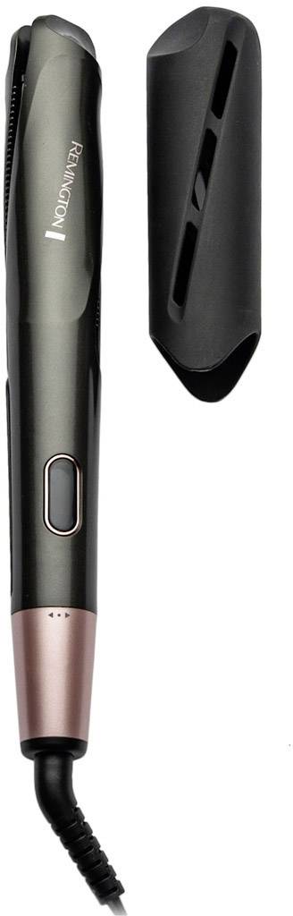 Elektrischer Haarglätter mit abnehmbarem Schutzaufsatz, schwarz und rosé, für glattes Haarstyling.