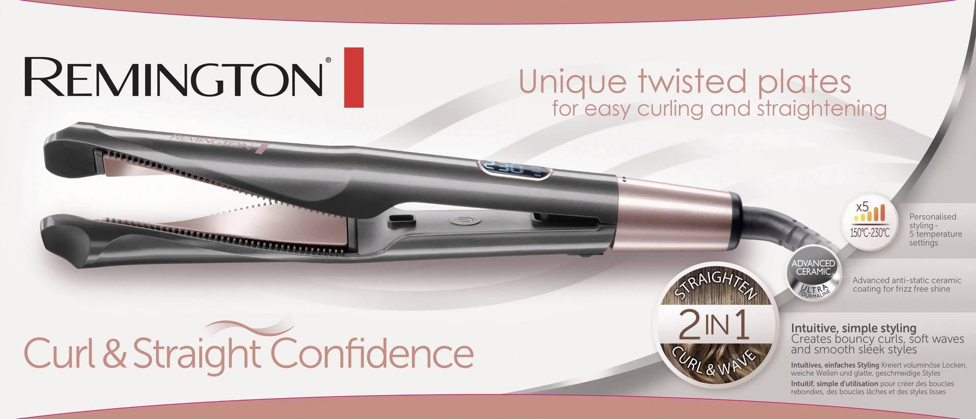 'Remington Curl & Straight Confidence' Haarglätter mit gedrehten Platten für einfaches Locken und Glätten der Haare.