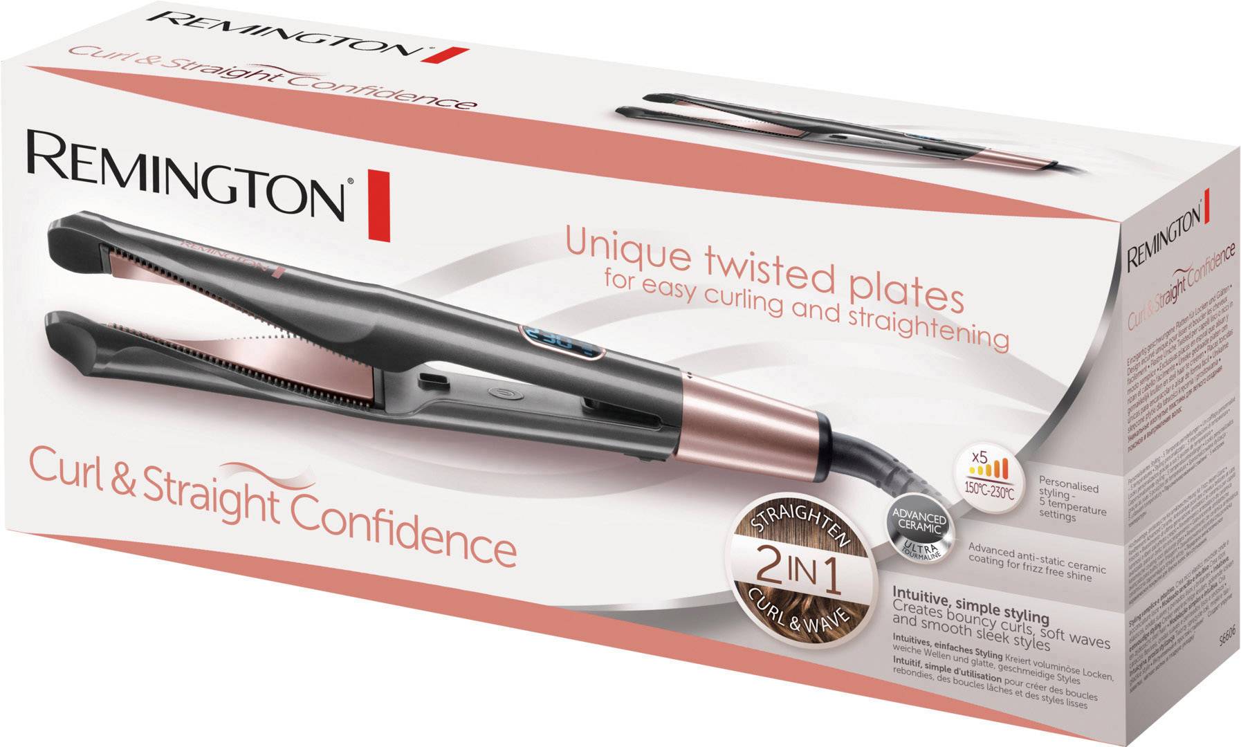 Verpackung eines Remington Haarglätters und Lockenstabs mit '2 in 1'-Funktion, einzigartigen verdrehten Platten und roségoldenem Design.