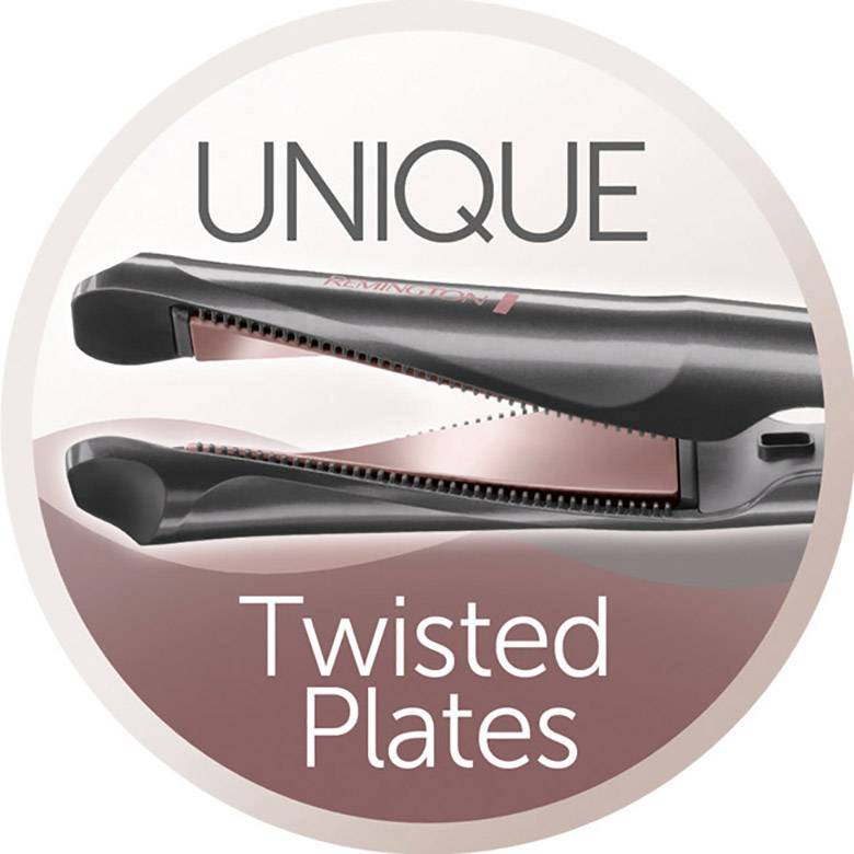 Ein schwarzer Haarglätter mit verdrehten Platten wird gezeigt. Der Text 'Unique Twisted Plates' hebt das besondere Design hervor.