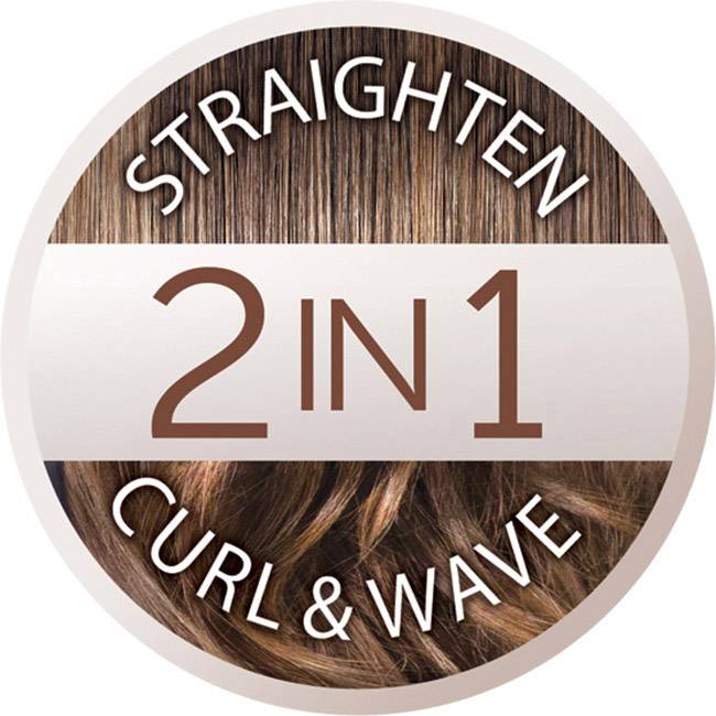 Kreisförmiges Logo mit der Aufschrift 'Straighten 2 in 1 Curl & Wave', umgeben von Haarsträhnen, zeigt multifunktionales Haarstyling-Produkt.