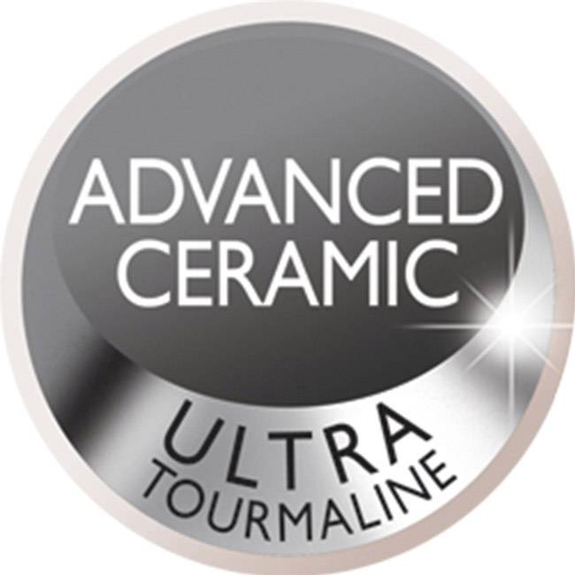 'ADVANCED CERAMIC' und 'ULTRA TOURMALINE' Text in einem kreisförmigen Logo auf schwarzem und silbernem Hintergrund.